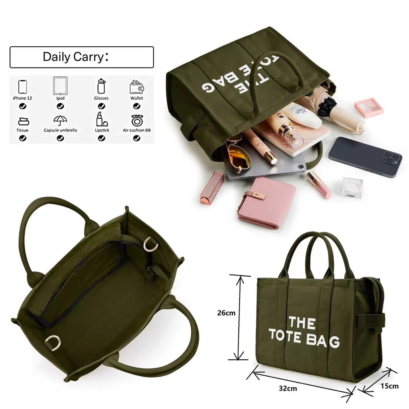THE TOTE - Sac à main en toile à bandoulière réglable fourre-tout