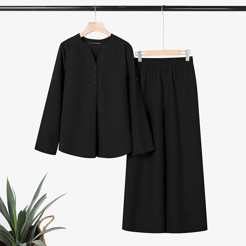Ensemble Femme 2 Pièces – Blouse Semi-Boutonnée et Pantalon Large Décontracté