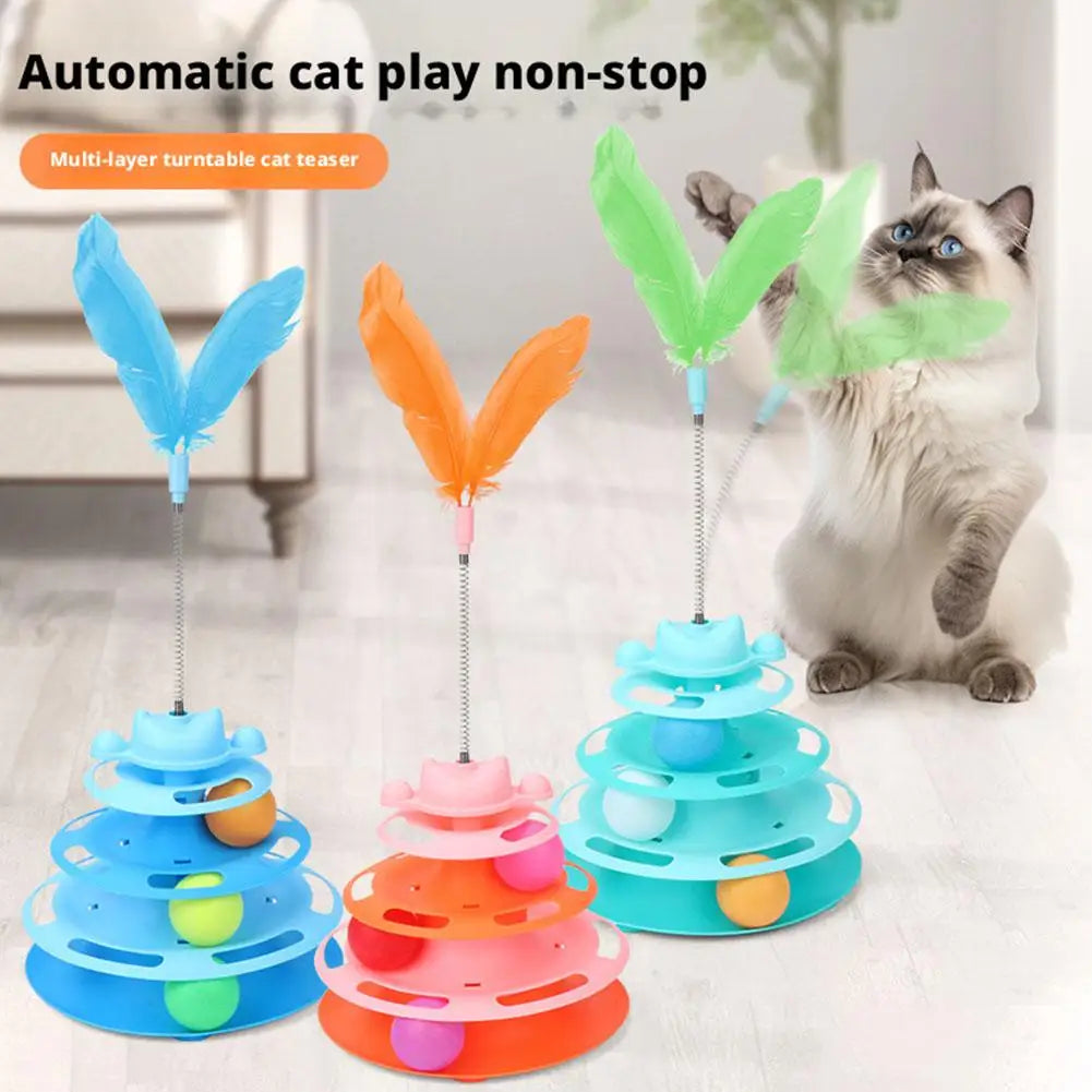 Jouet Interactif pour Chat à 4 Niveaux – Circuit de Balles Tournantes & Plume Mobile – Jeu d’Éveil et d’Exercice