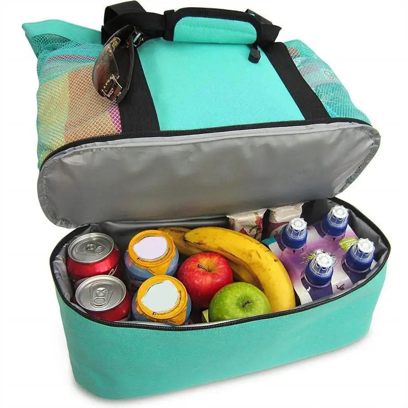 Grand Sac de Plage en Maille avec Compartiment Isotherme – Fourre-Tout pour Pique-Nique, Camping et Loisirs
